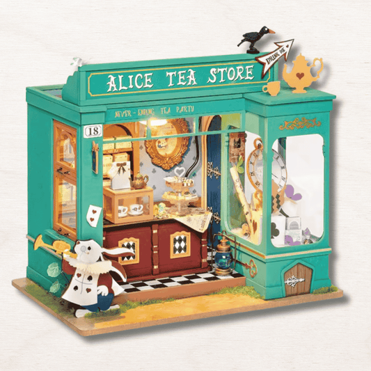 maison miniature en bois en forme d'alice tea store
