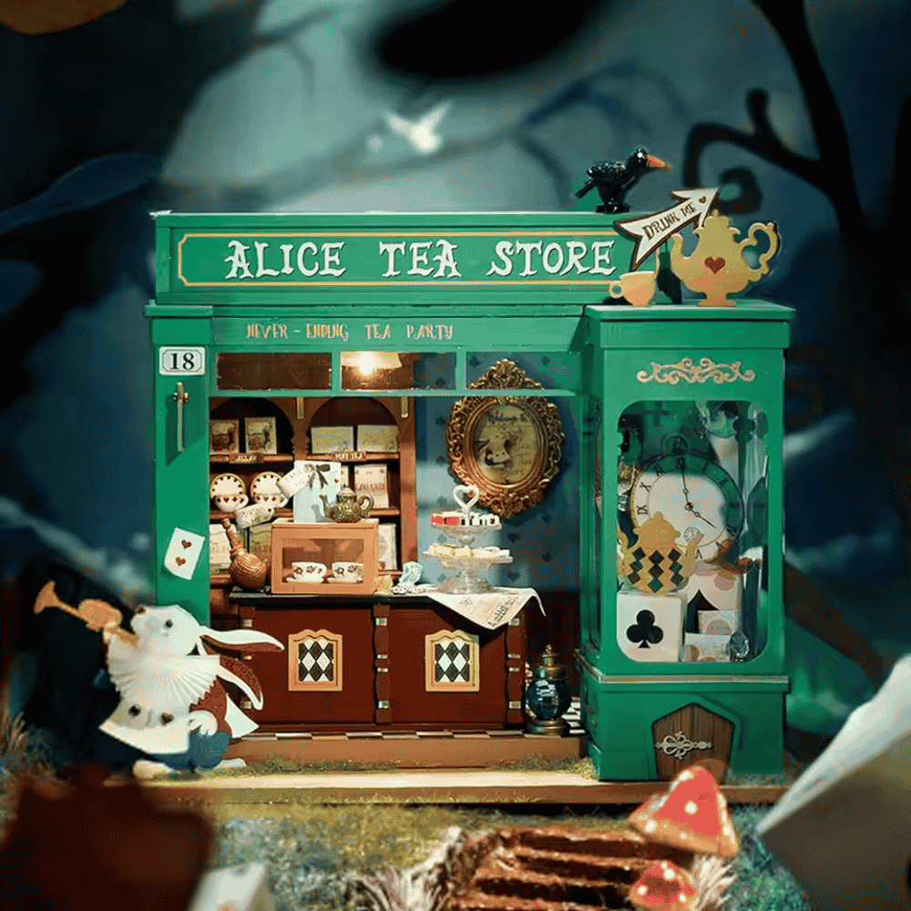 maison miniature d'alice aux pays des merveilles en forme d'alice tea stores