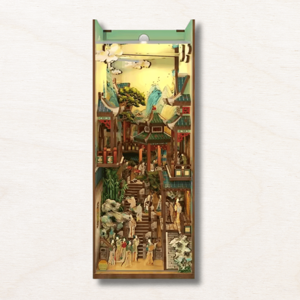 un booknook en bois qui rappelle le japon historique