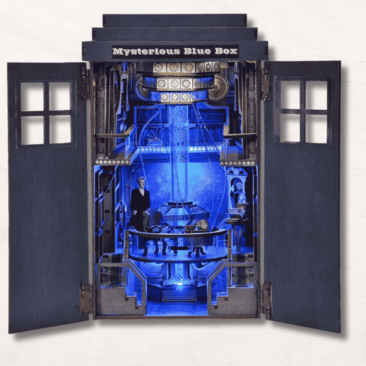 book nook en forme de la mysterious blue box emblématique de la série doctor who