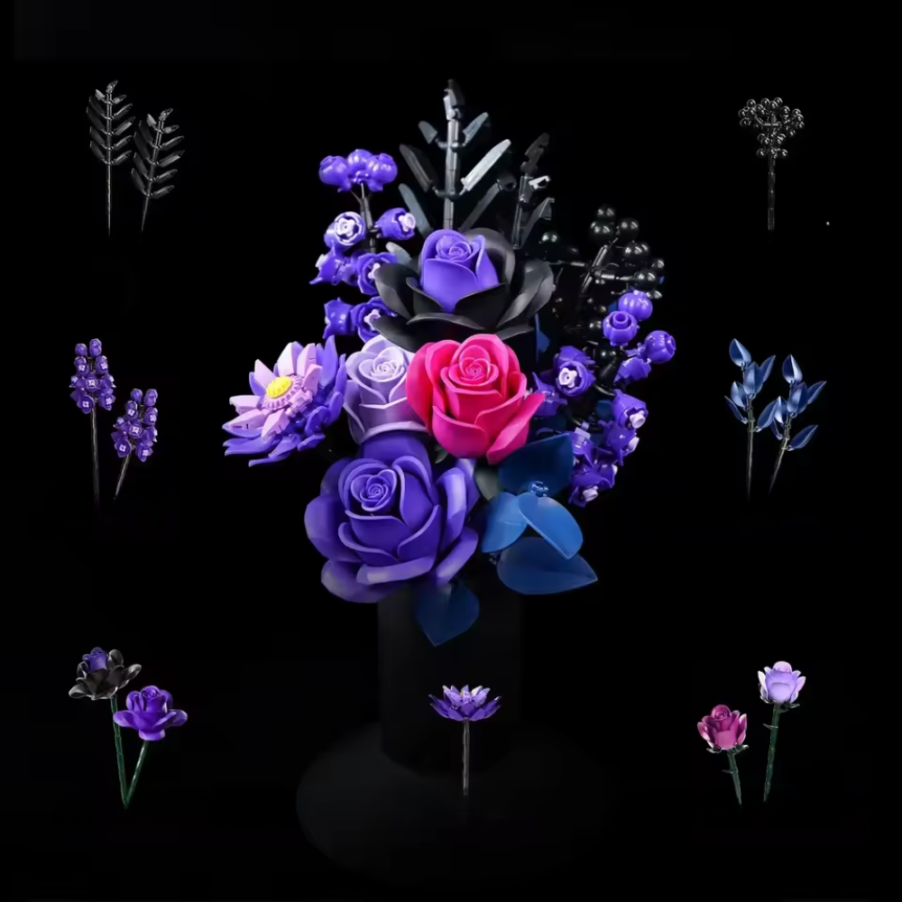 jeu de construction brique : bouquet de 12 fleurs violettes