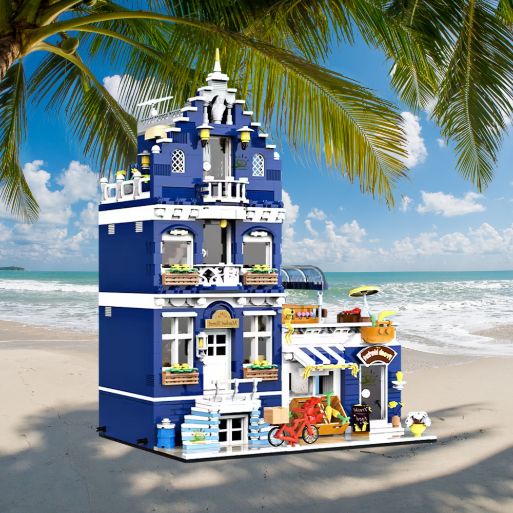 jeu de construction avec des pièces pour former un hotel bleu et blanc