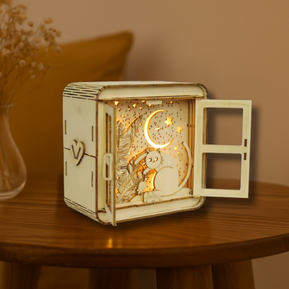 Maquette en bois chat lumineux
