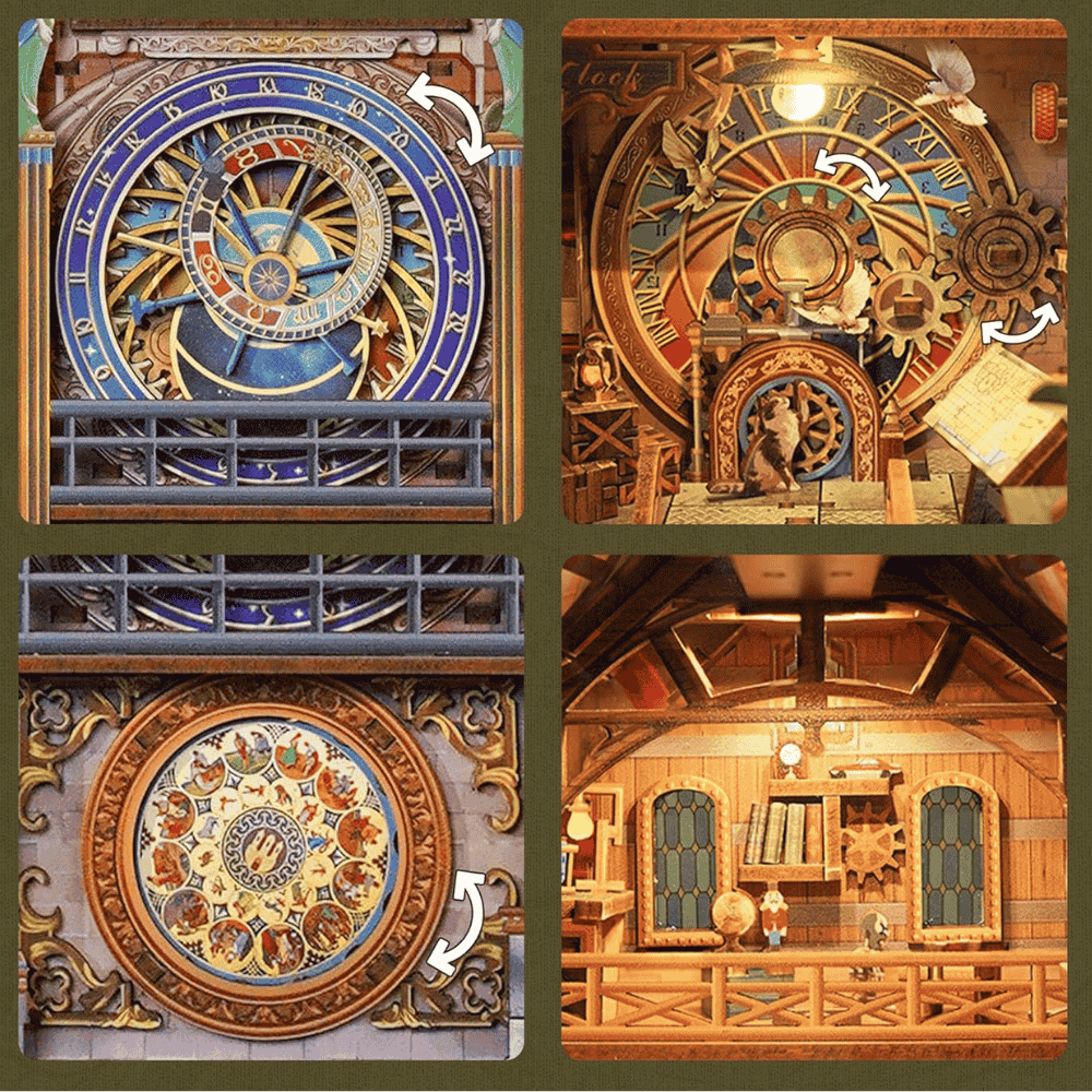 un zoom sur les horloges de prague en maquette en bois 
