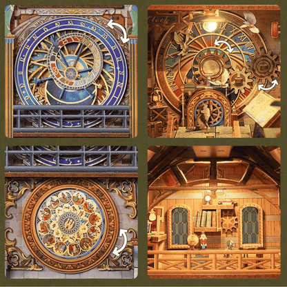 un zoom sur les horloges de prague en maquette en bois 