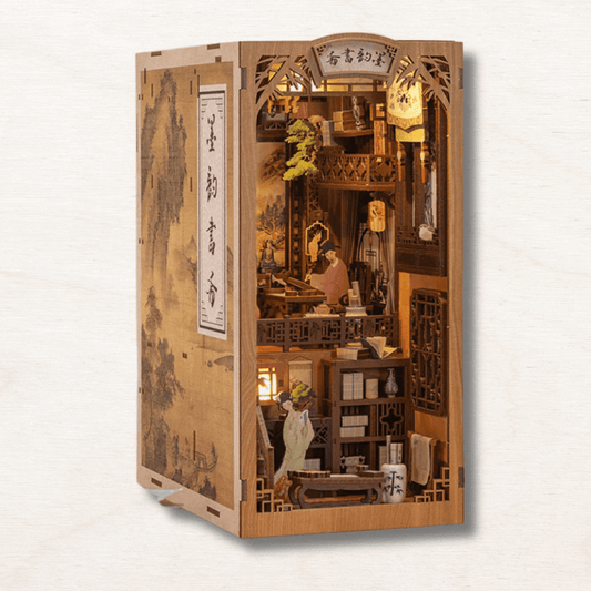 book nook ink rhyme study cabinet lettré chinois traditionnel calligraphe 2 niveaux éclairage LED