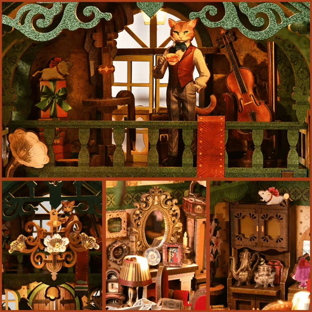 diorama miniature chat violoniste bibliothèque fantasy style ghibli serre-livre