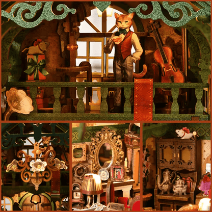 diorama miniature chat violoniste bibliothèque fantasy style ghibli serre-livre
