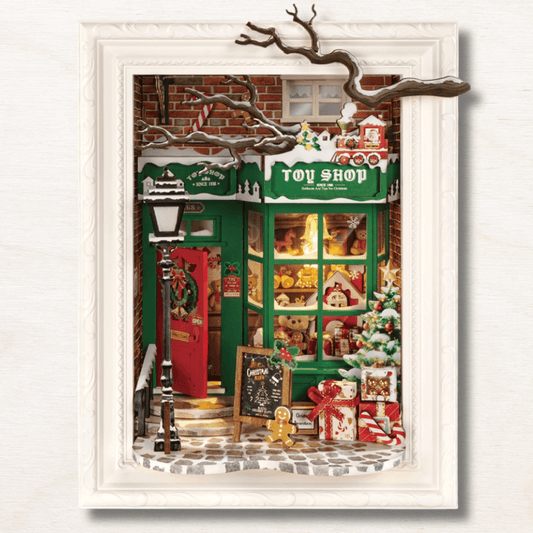 diorama boutique père noël toy shop shadow box cadre blanc mural éclairage LED vitrine