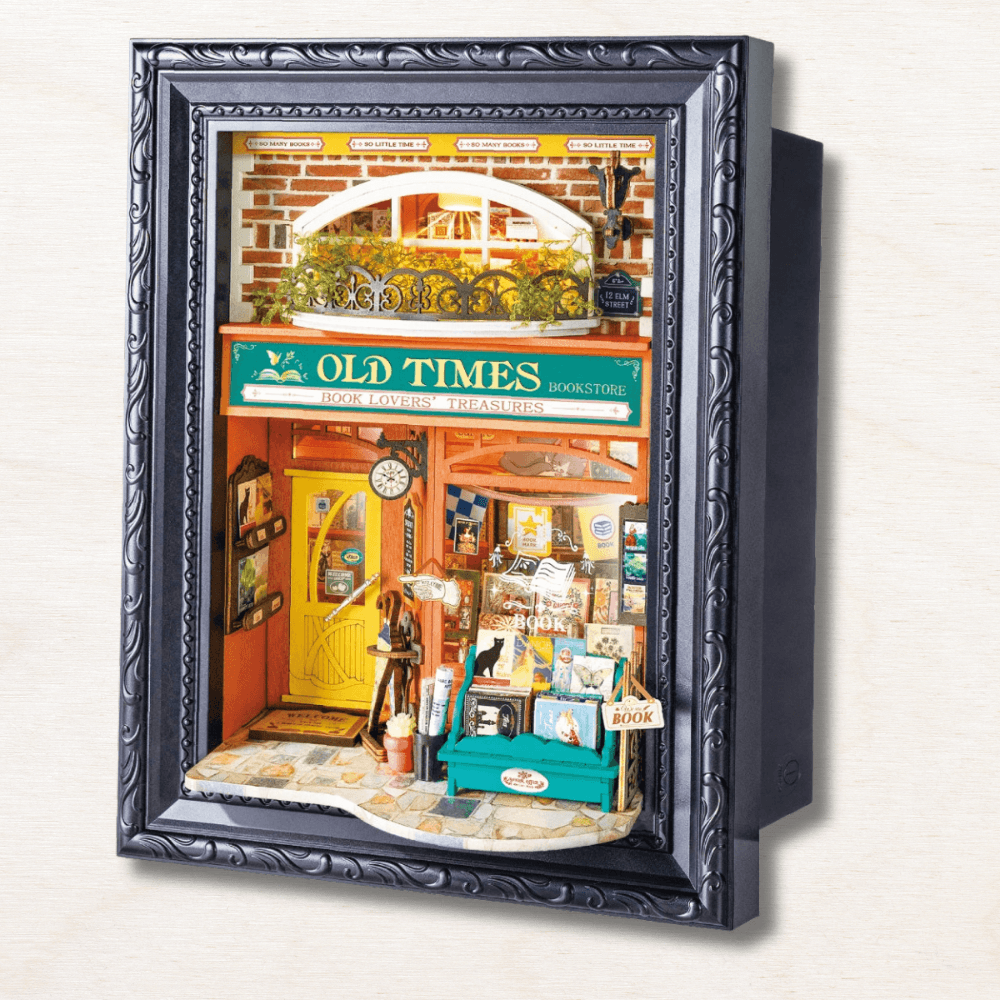diorama bookstore old times librairie vintage cadre tableau noir shadow box éclairage LED