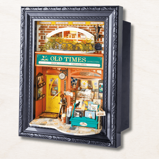 diorama bookstore old times librairie vintage cadre tableau noir shadow box éclairage LED