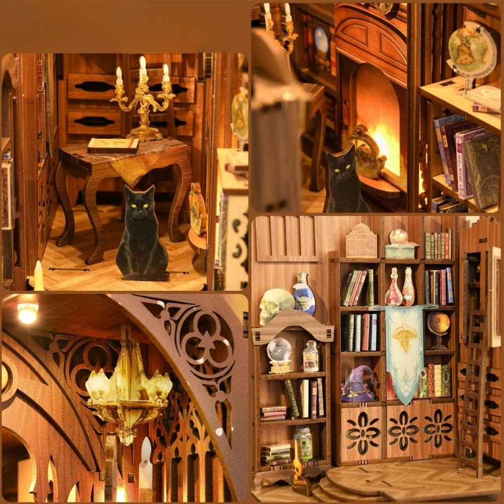 book nook magic library deux portes grimoires cristaux chaudron lumineux LED doré univers magique
