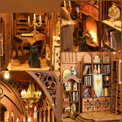 book nook magic library deux portes grimoires cristaux chaudron lumineux LED doré univers magique