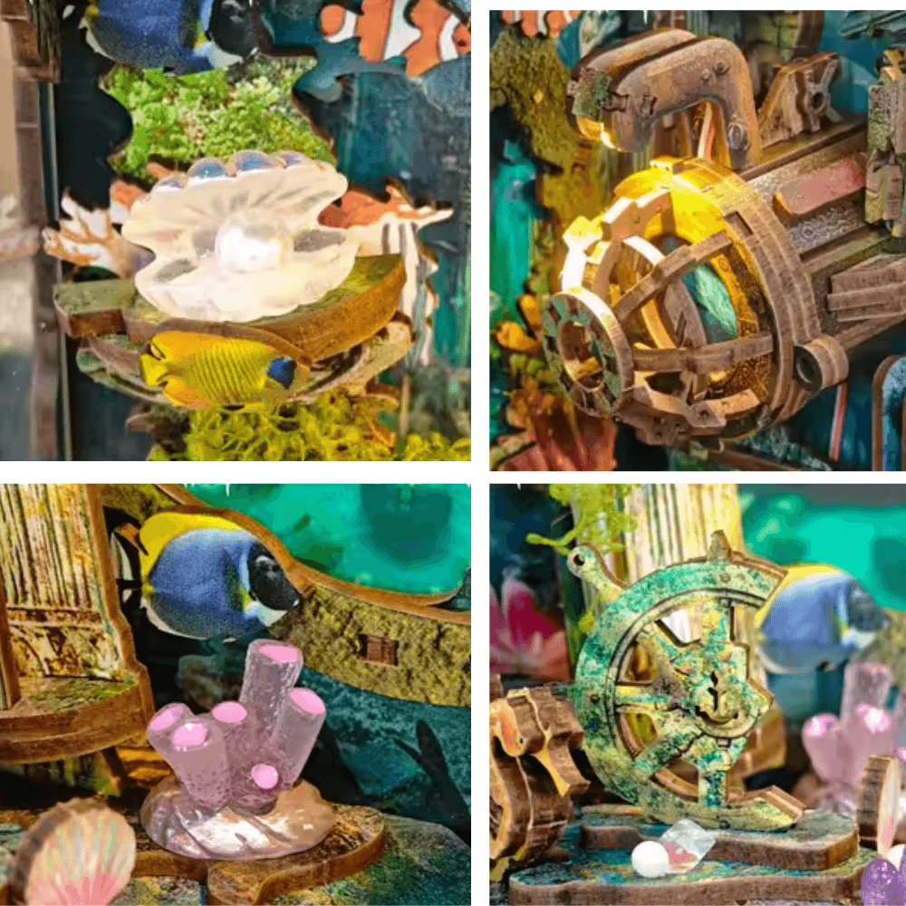 diorama temple englouti miniature poissons clown coraux algues épave éclairage turquoise