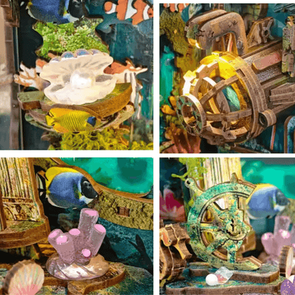 diorama temple englouti miniature poissons clown coraux algues épave éclairage turquoise