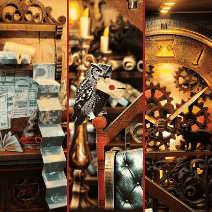 diorama bibliothèque poudlard miniature chaudron fauteuil vert grimoires globe magique harry potter