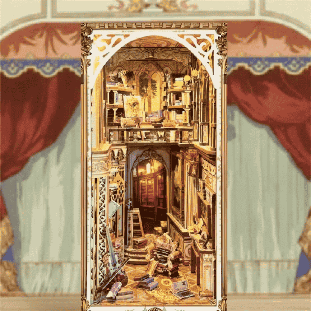 diorama miniature manoir baroque peintures huile orgue tuyaux fresques murales éclairage LED doré