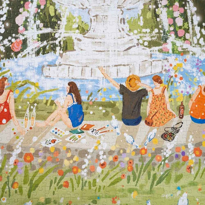 Détail puzzle 1000 pièces Fontaine — parterres de fleurs printanières en cours d'assemblage