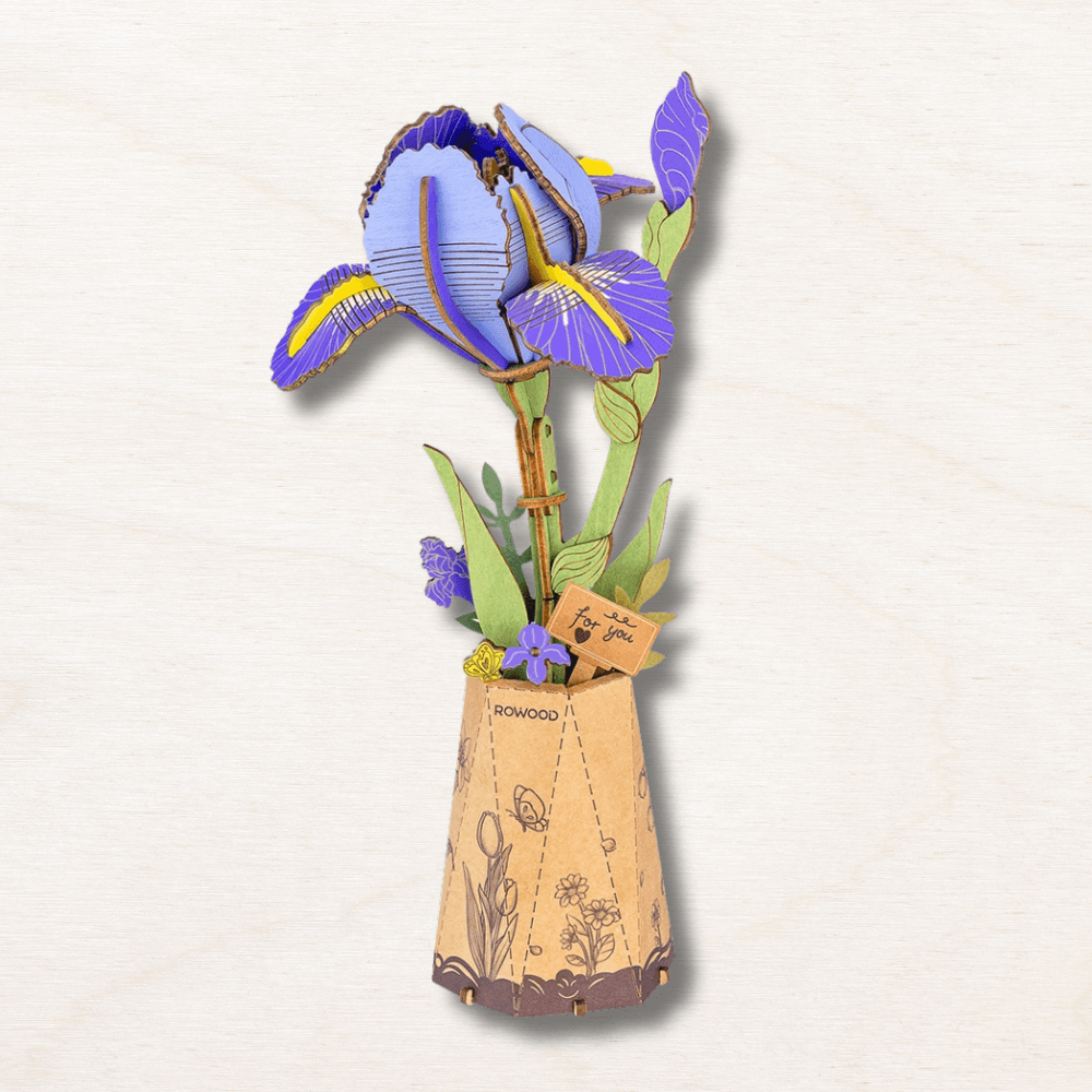 maquette fleur iris bois violet jaune pétales plumes cadeau original