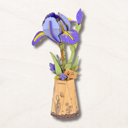 maquette fleur iris bois violet jaune pétales plumes cadeau original