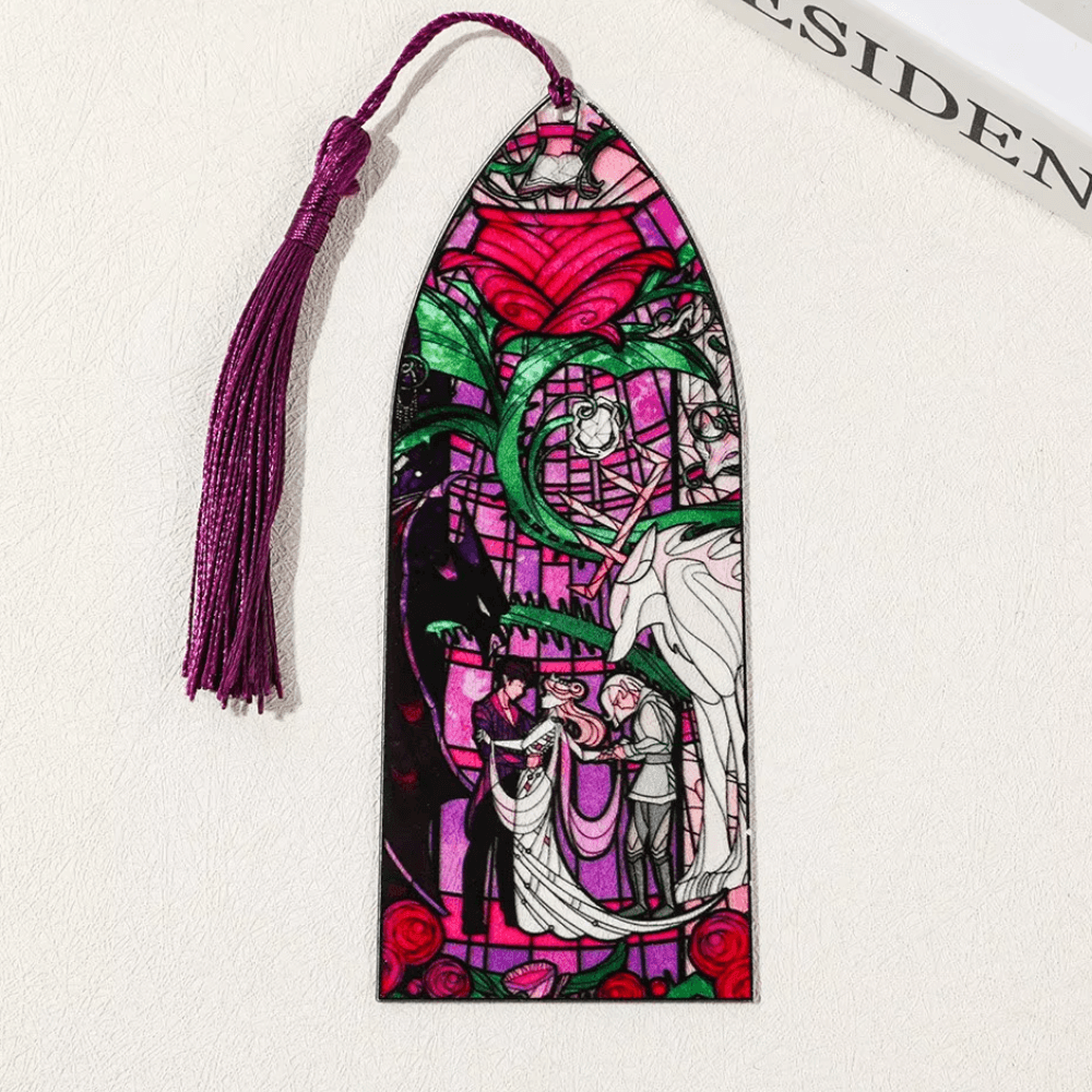 marque page acotar acrylique vitrail gothique rose rouge rhysand feyre pompon violet