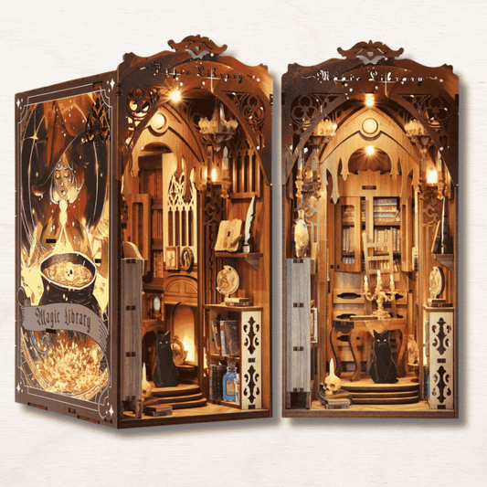 diy kit bibliothèque magique 11.1x14.7x23.5cm grimoires cristaux bois laser-découpé sorcier