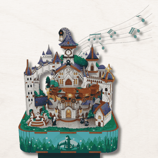 boite à musique en forme de chateau magique en bois