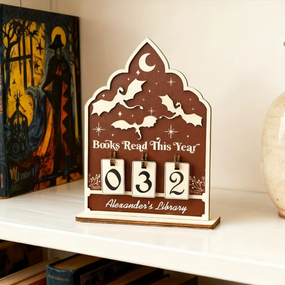 Décoration bibliothèque en bois : compteur de livre dragon de couleur rouge et blanc