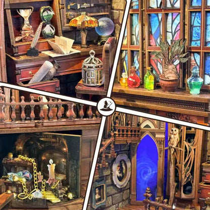 book nook harry potter inspiré diy bois 2 niveaux grimoires potions rideaux velours rouge anneau rotatif
