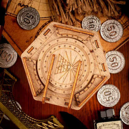 fort knox puzzle box boîte casse-tête bois gravé engrenages pièce or secret mécanisme
