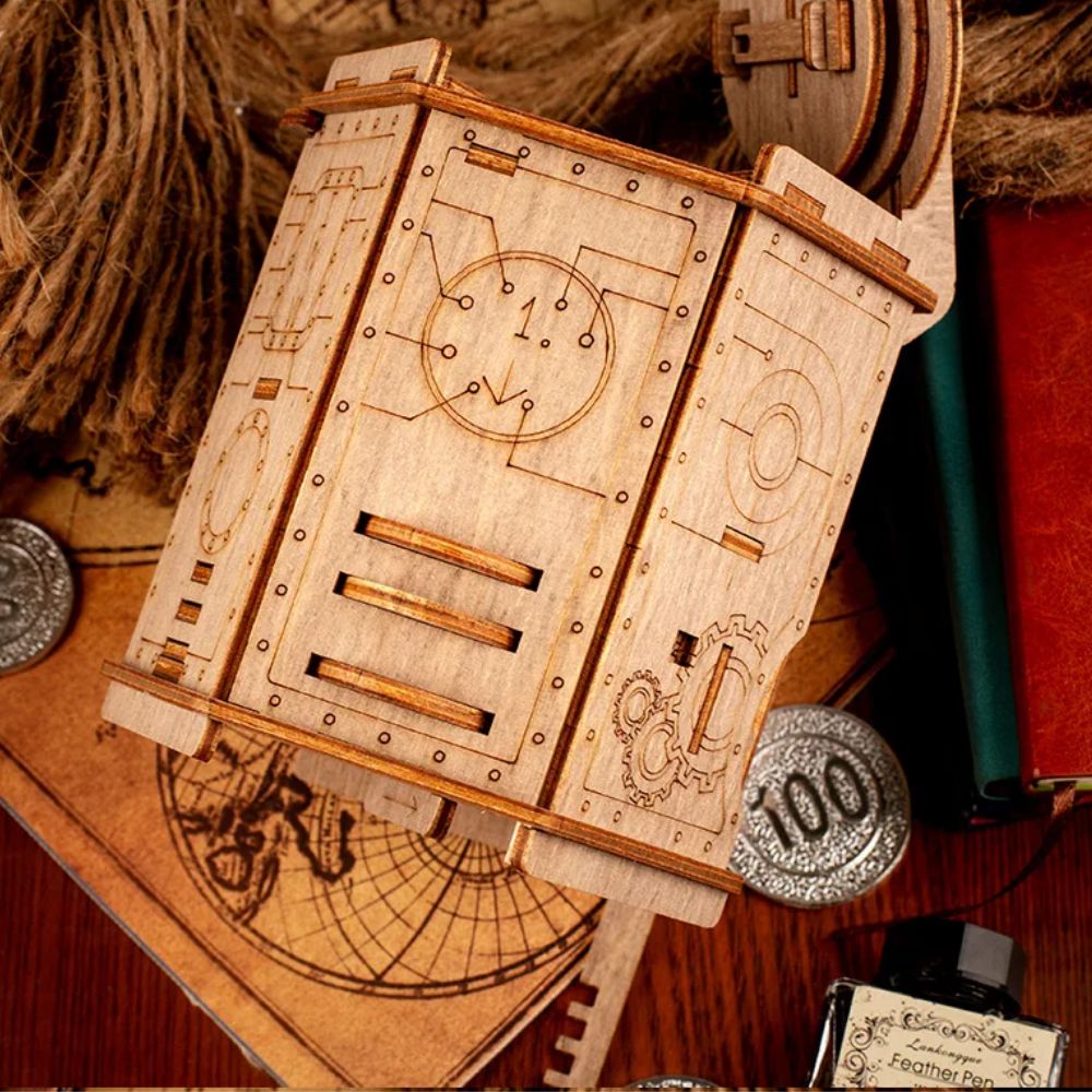 coffre secret bois laser gravé mécanisme énigme steampunk cadeau escape game original