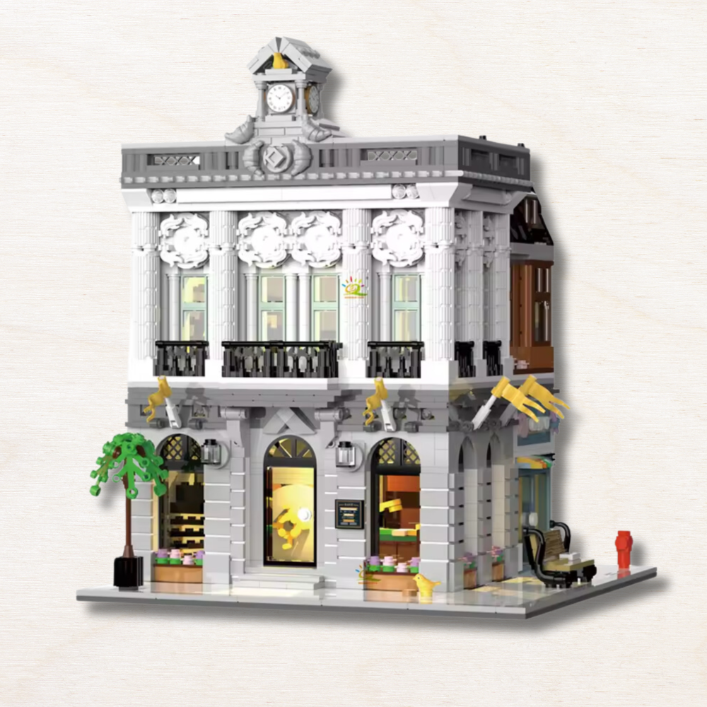 jeu de construction en forme de boutique parisienne grise et blanche