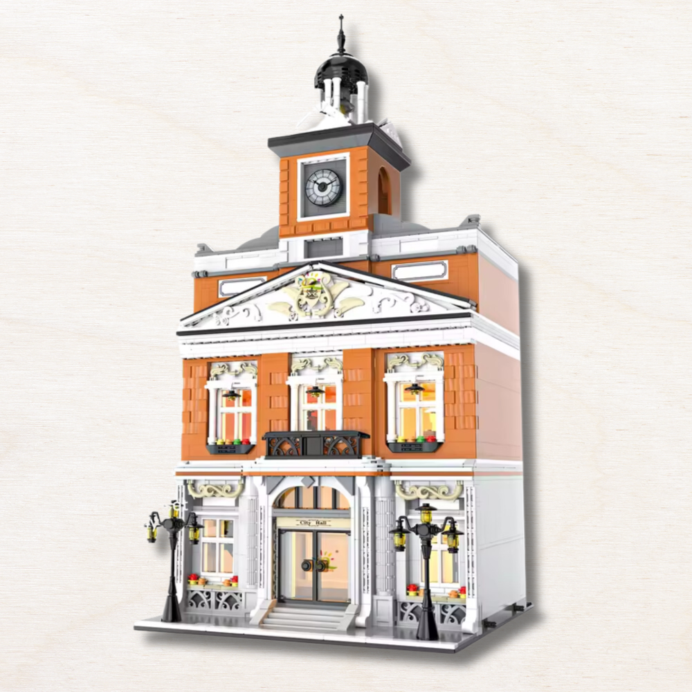 jeu de construction en forme d'hotel de ville orange et blanc