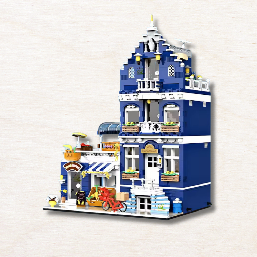 un jeu de construction bleu en forme d'hotel