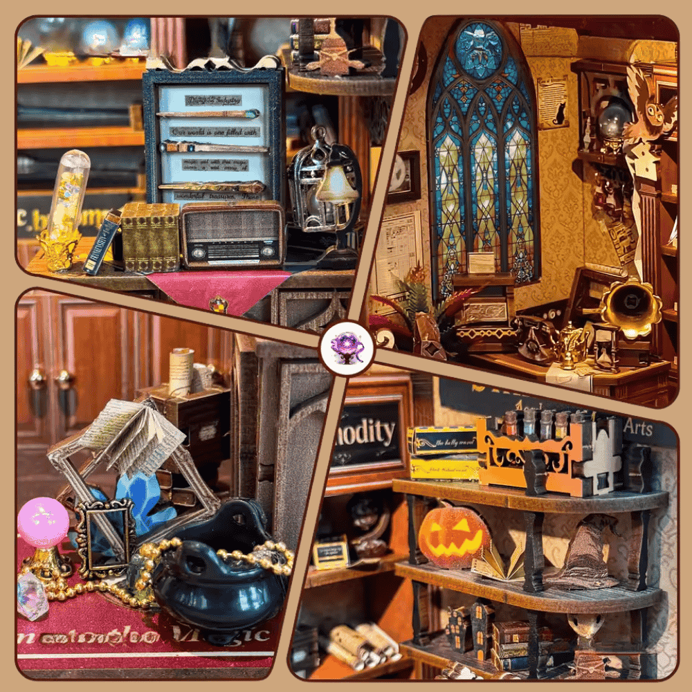 diorama miniature boutique sorcière harry potter potions instruments damier profondeur intérieure