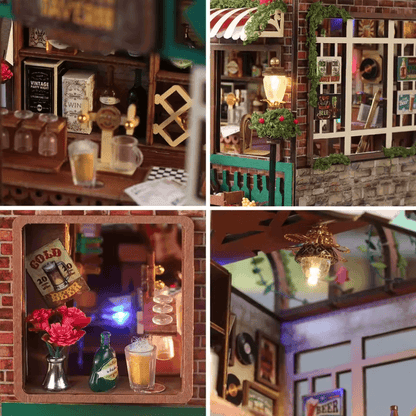 kit DIY maison miniature taverne bois comptoir bière pression cave à vin échiquier terrasse