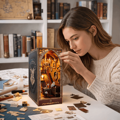 une femme fille qui monte une maquette en bois sur le thème Gryffondor