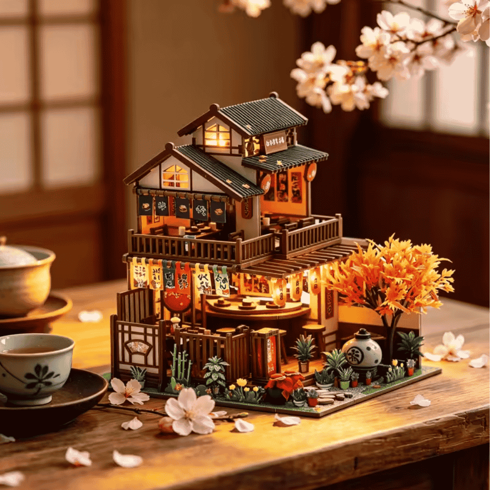 maquette en bois japon lumineuse restaurant traditionnel 2 niveaux érable automnal lanternes rouges LED chaleureux