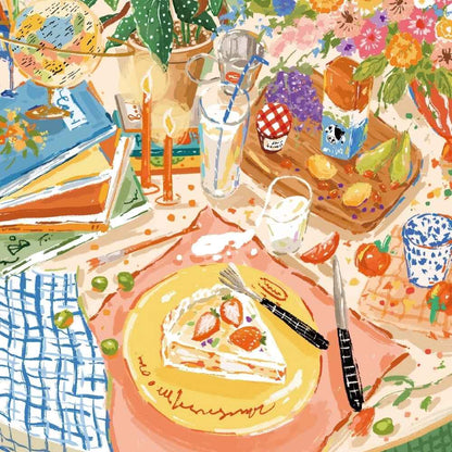 Détail central puzzle 1000 pièces Brunch — table de vacances avec couleurs chaudes estivales